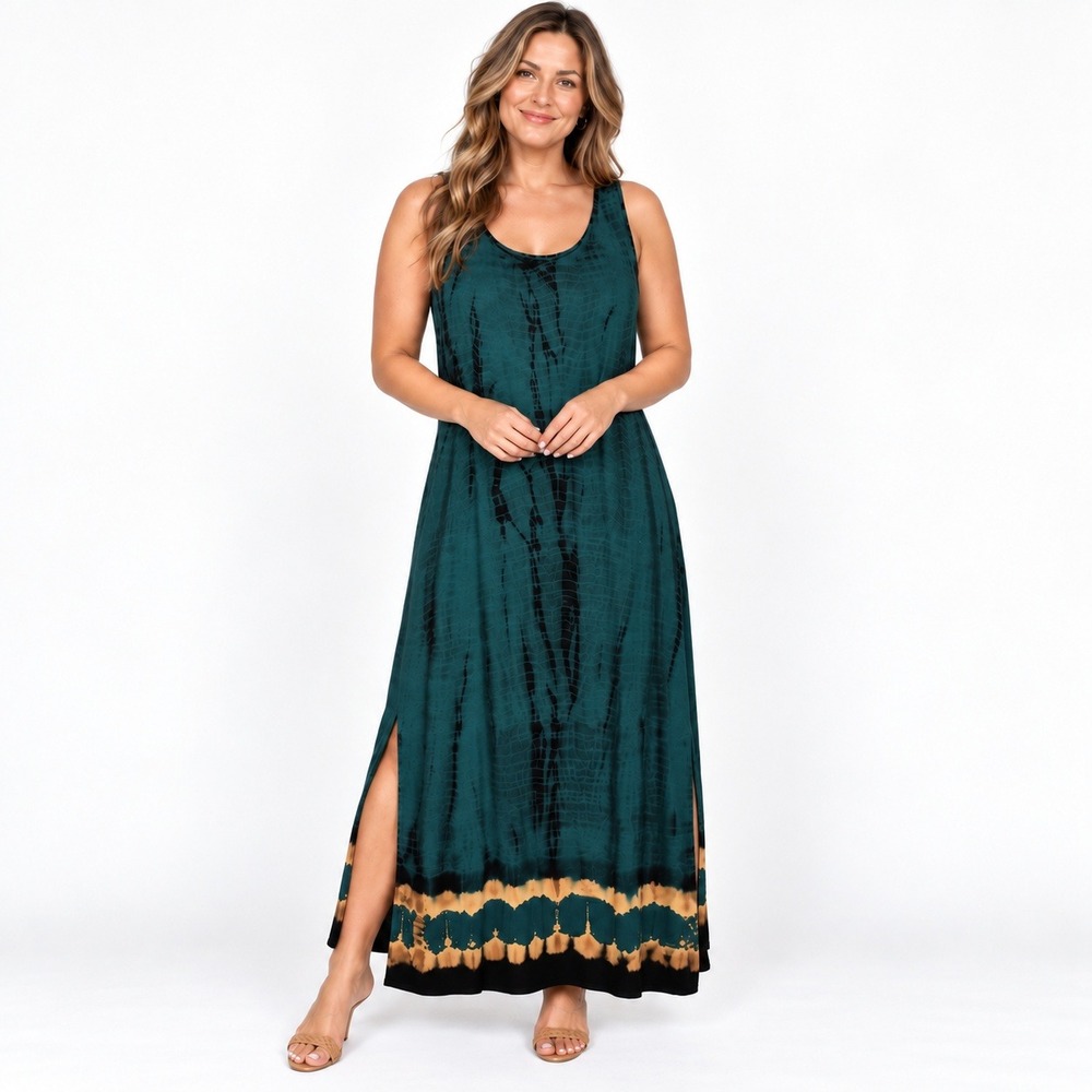 Green Tie Dye Sleeveless Maxi Dress Crinkle Fabric Boho Side Slits Size L